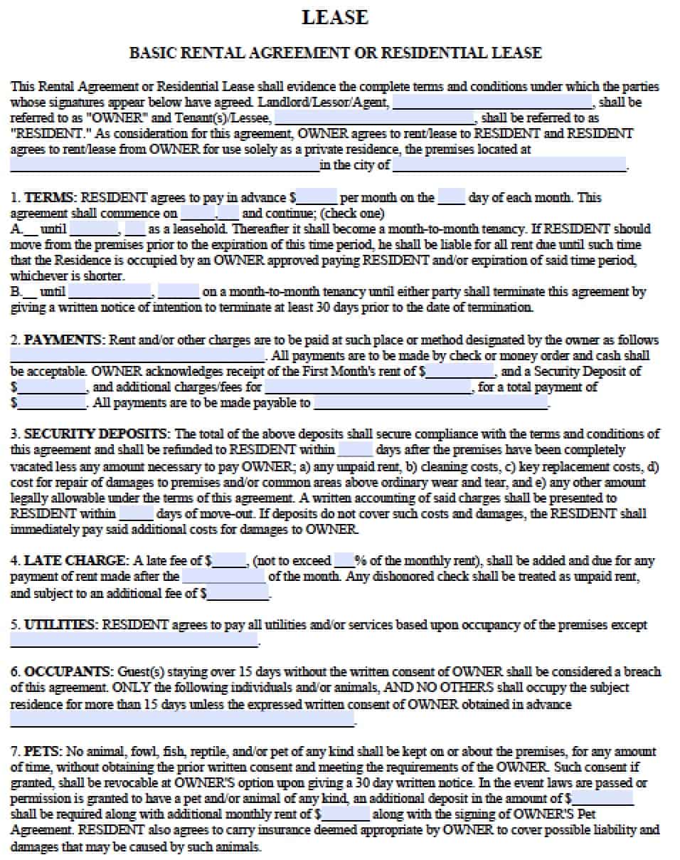 Free Residential Lease Agreements PDF and Word Templates