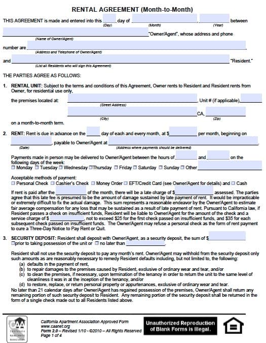 Free California Monthly Rental Agreement PDF Template