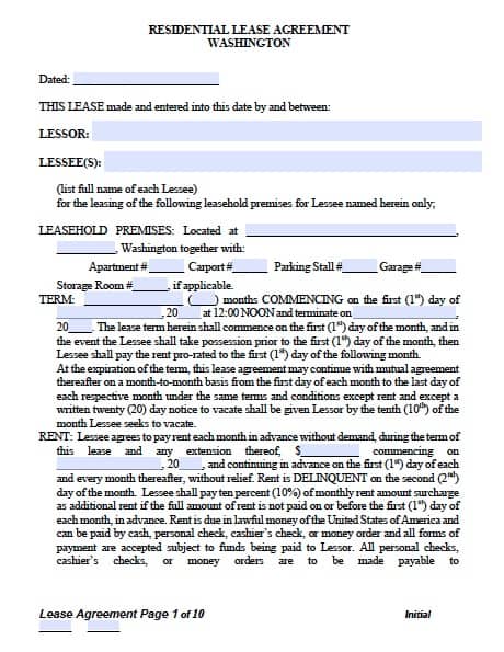 Free Washington Standard Residential Lease Agreement PDF Template