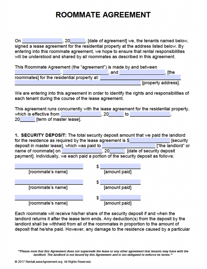 free roommate agreement template form adobe pdf ms word
